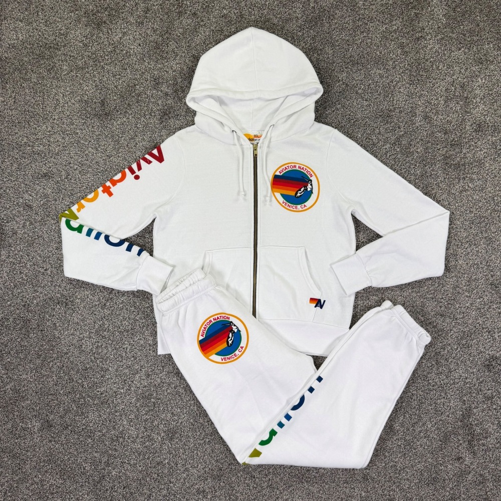 Aviator Nation White Rainbow Logo Zip Hoodie & Sweatpants Set Womens XS Casual